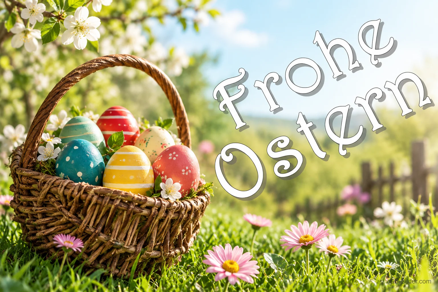 Weidenkorb mit Ostereiern auf der Wiese, Text: Frohe Ostern