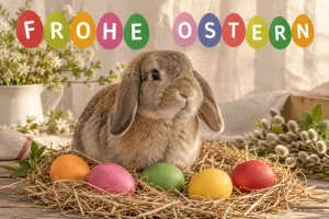 Kaninchen im Stroh mit Ostereiern, Text: Frohe Ostern