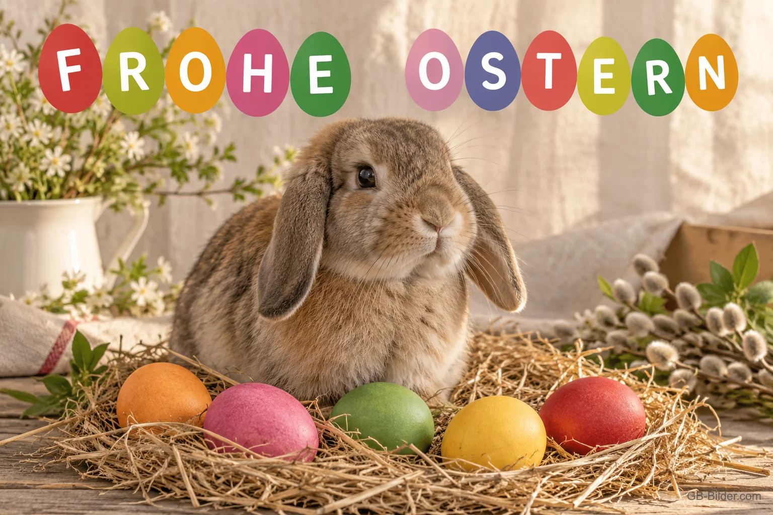 Kaninchen im Stroh mit Ostereiern, Text: Frohe Ostern