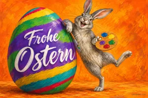 Hase mit Palette bemalt ein großes buntes Osterei, Text: Frohe Ostern