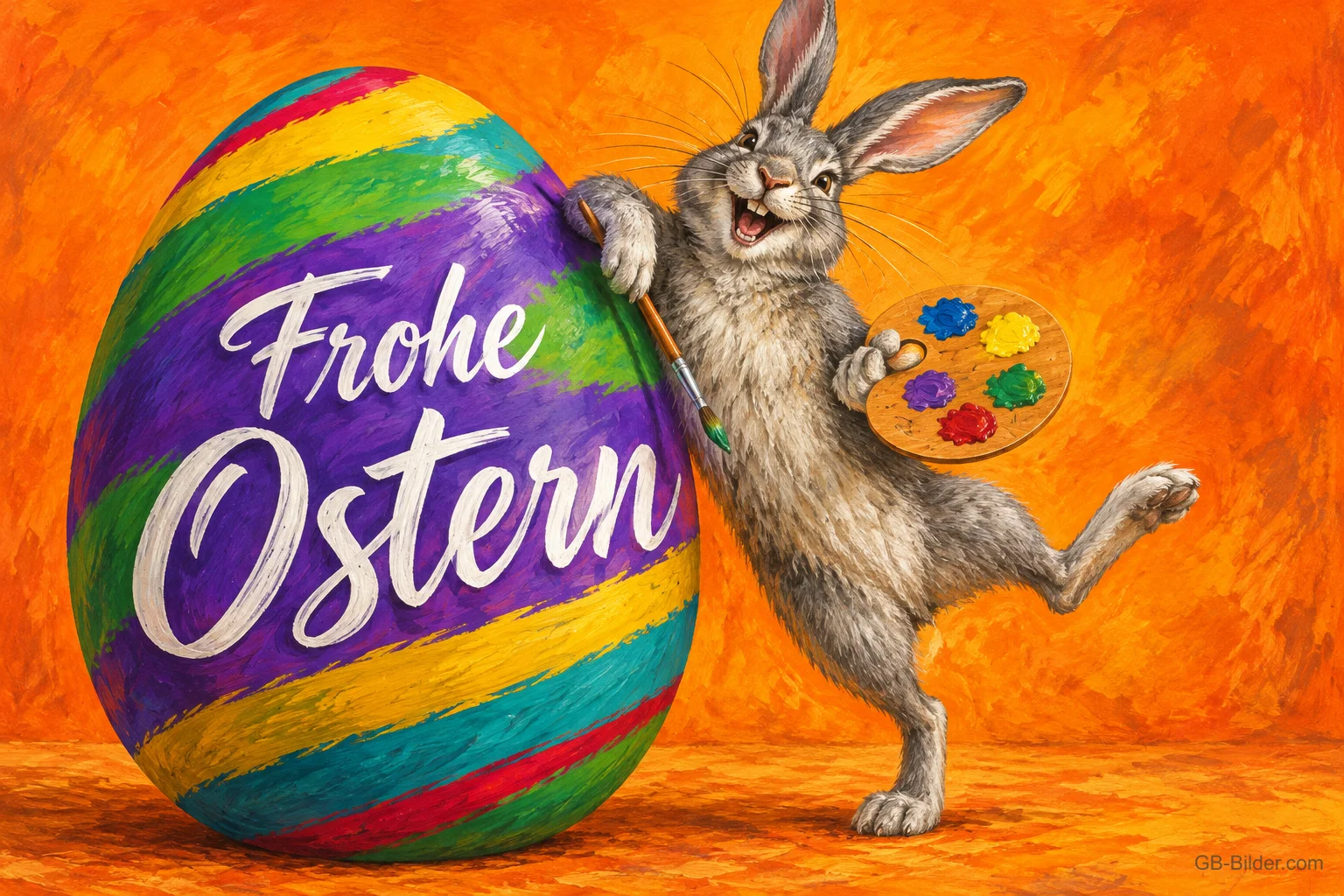 Hase mit Palette bemalt ein großes buntes Osterei, Text: Frohe Ostern