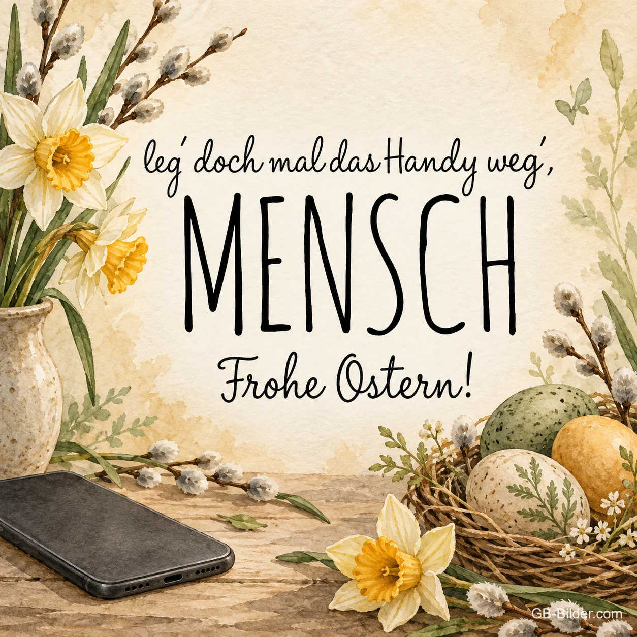 Handy neben Osternest mit Narzissen, Text: Leg doch mal das Handy weg, Mensch – Frohe Ostern!