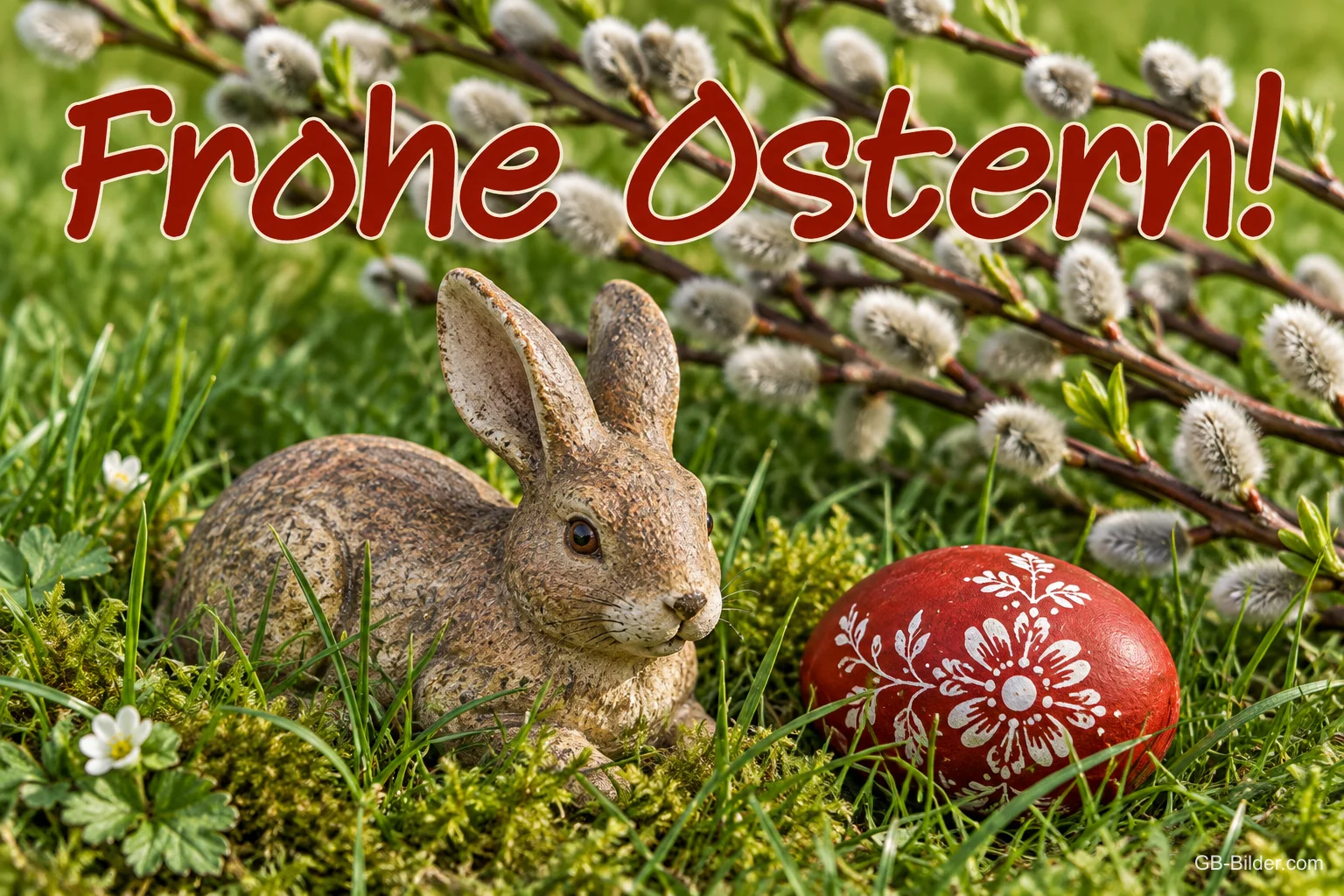 Hase neben rotem Osterei unter Weidenkätzchen, Text: Frohe Ostern!