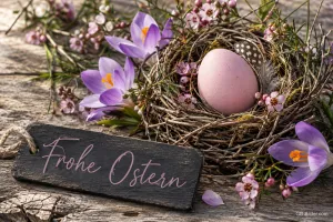 Nest mit rosa Ei zwischen Krokussen, Text: Frohe Ostern