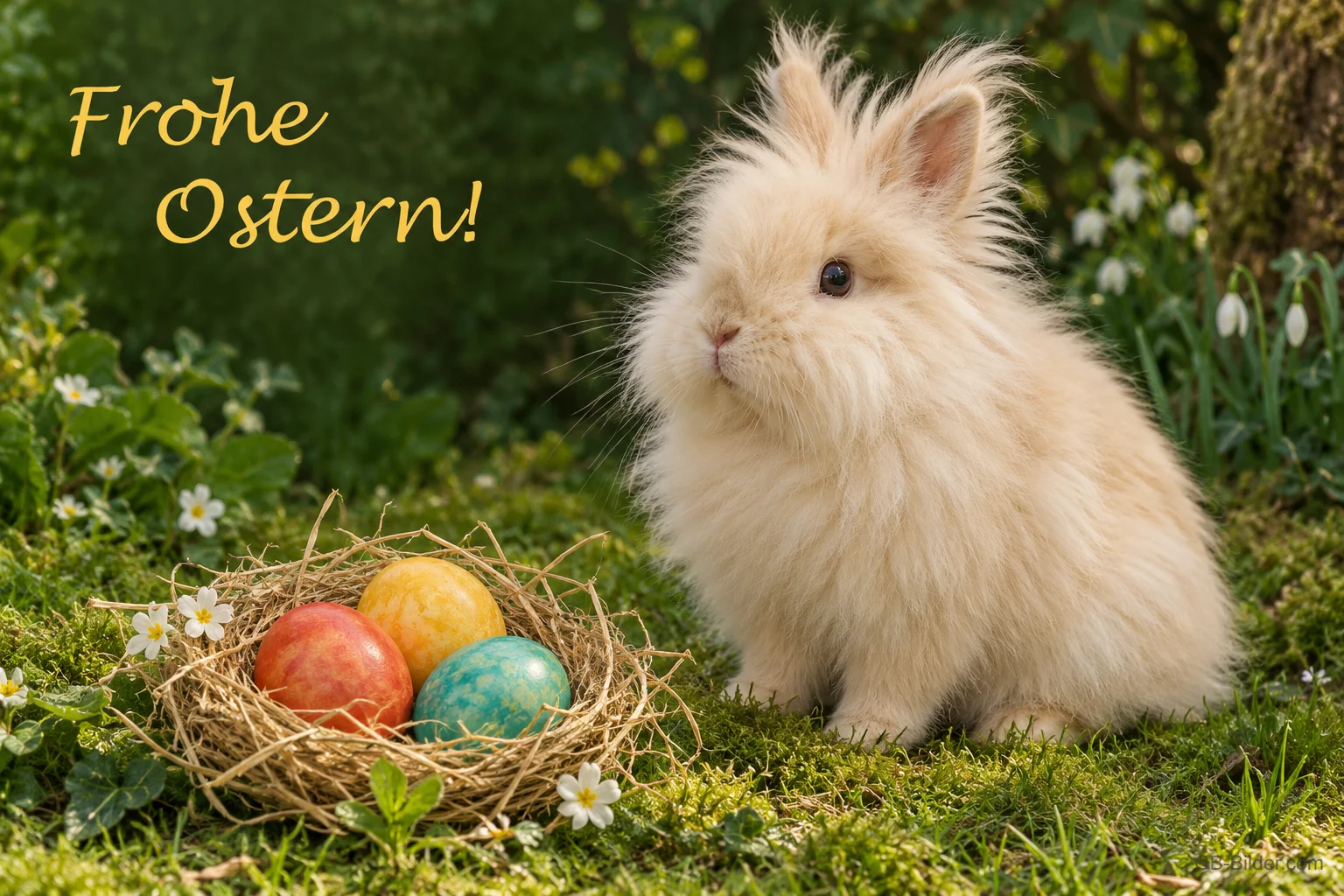 Flauschiges Kaninchen neben einem Osternest, Text: Frohe Ostern! Flauschiges Kaninchen neben einem Osternest, Text: Frohe Ostern!