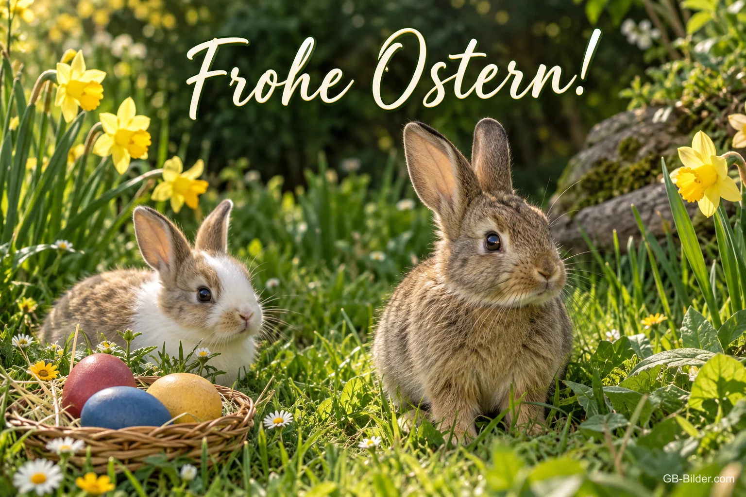 Zwei Kaninchen mit Ostereiern zwischen Narzissen, Text: Frohe Ostern! Zwei Kaninchen mit Ostereiern zwischen Narzissen, Text: Frohe Ostern!