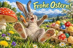 Hase liegt lachend mit Karotte neben einem Karton bunter Eier, Text: Frohe Ostern!