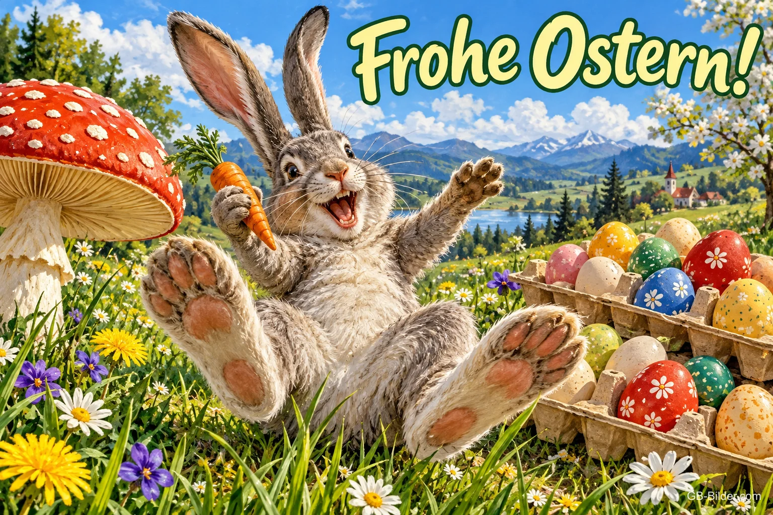 Hase liegt lachend mit Karotte neben einem Karton bunter Eier, Text: Frohe Ostern! Hase liegt lachend mit Karotte neben einem Karton bunter Eier, Text: Frohe Ostern!