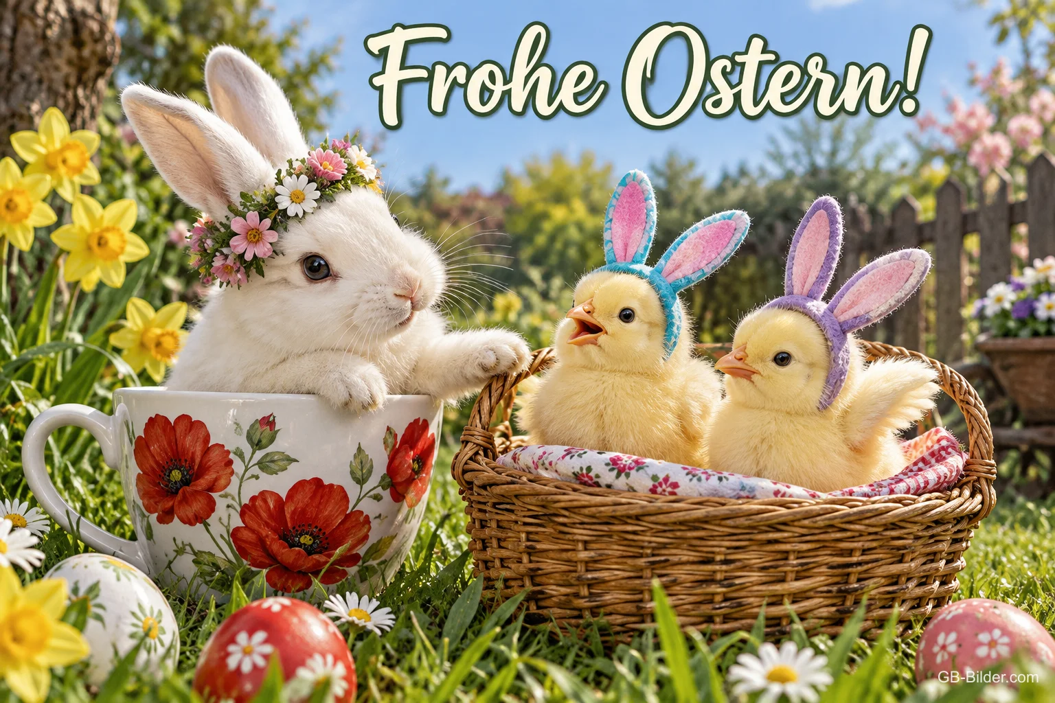 Weißer Hase sitzt in einer Blumentasse neben Küken im Korb, Text: Frohe Ostern! Weißer Hase sitzt in einer Blumentasse neben Küken im Korb, Text: Frohe Ostern!