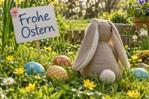 Stoffhase von hinten zwischen Ostereiern, Text: Frohe Ostern