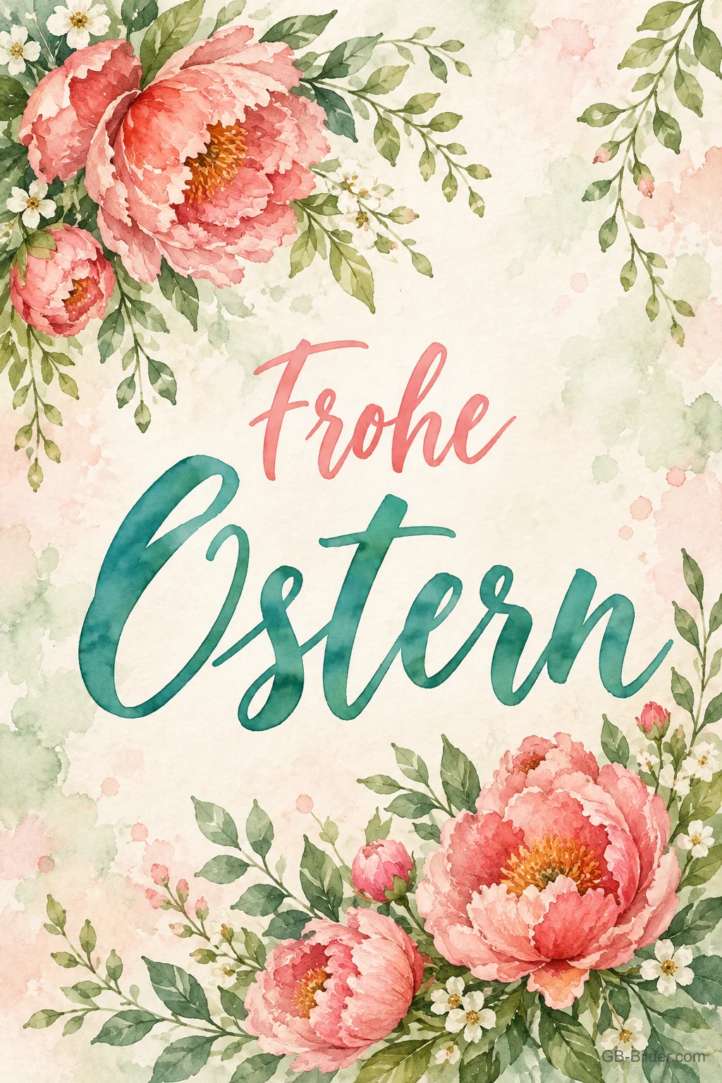 Rosa Pfingstrosen in Aquarell, Text: Frohe Ostern Rosa Pfingstrosen in Aquarell, Text: Frohe Ostern