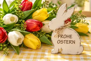 Holzhase vor bunten Tulpen, Text: Frohe Ostern