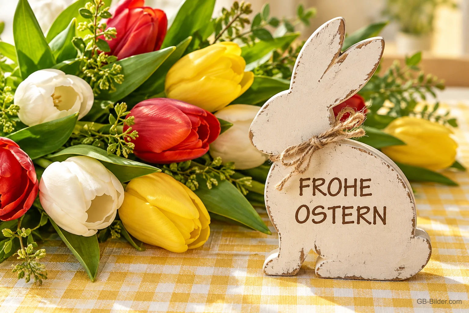 Holzhase vor bunten Tulpen, Text: Frohe Ostern Holzhase vor bunten Tulpen, Text: Frohe Ostern