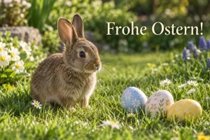 Junger Hase neben Ostereiern auf der Wiese, Text: Frohe Ostern!