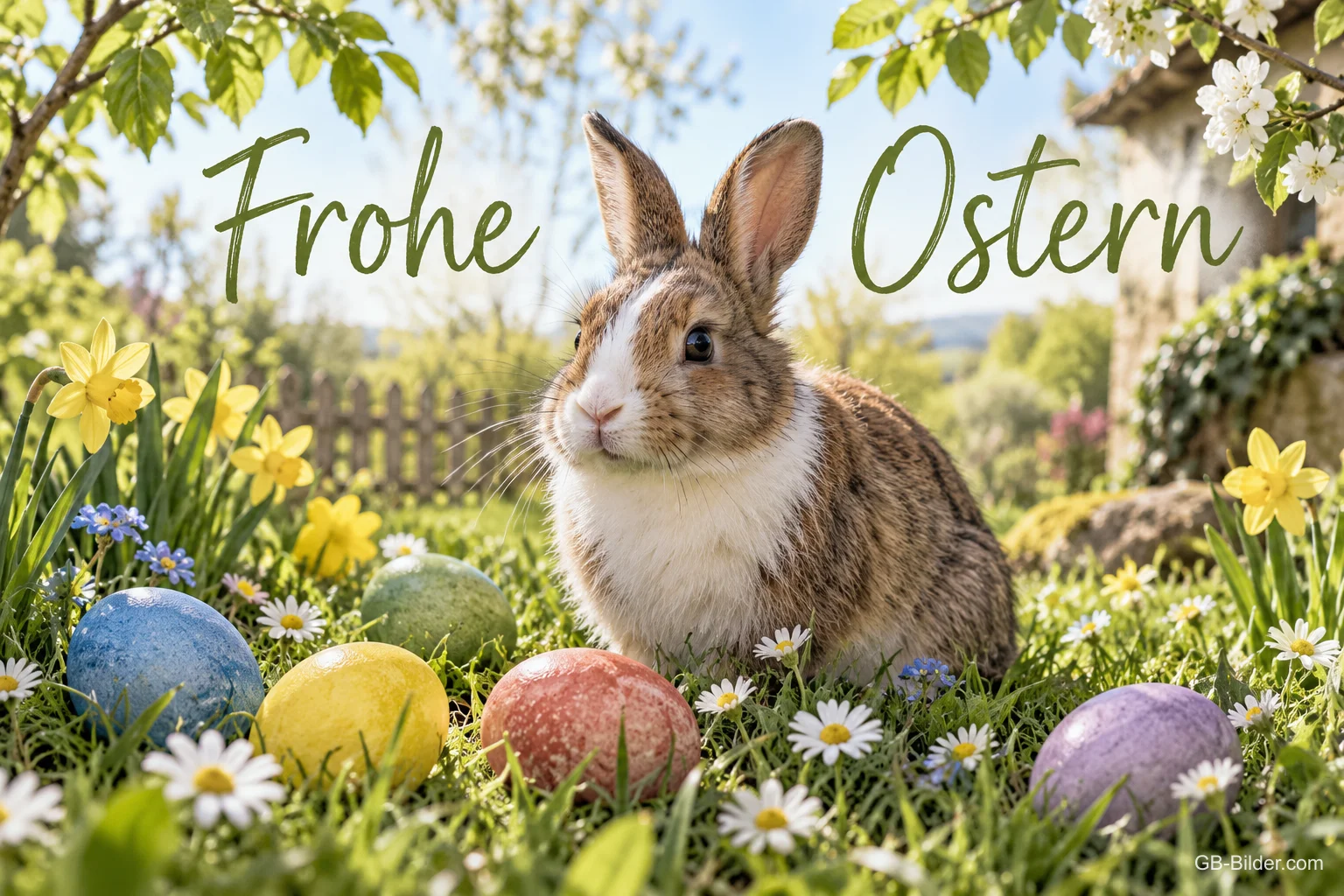Hase zwischen Ostereiern und Narzissen, Text: Frohe Ostern Hase zwischen Ostereiern und Narzissen, Text: Frohe Ostern