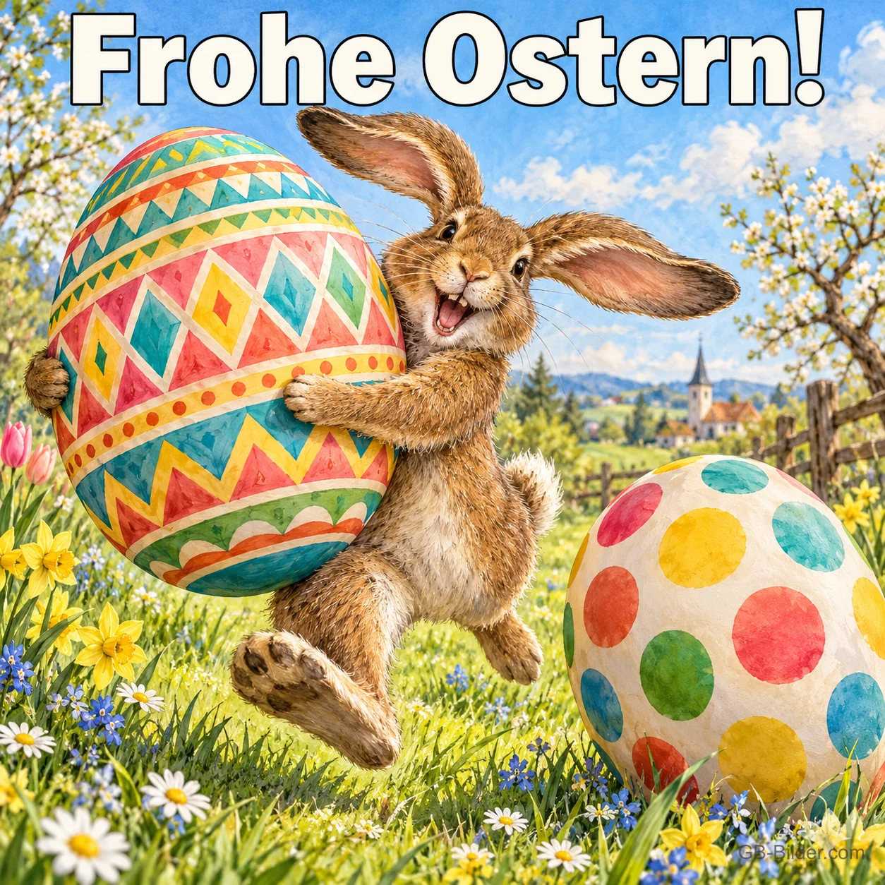 Hase trägt ein großes bemaltes Osterei über eine Frühlingswiese, Text: Frohe Ostern! Hase trägt ein großes bemaltes Osterei über eine Frühlingswiese, Text: Frohe Ostern!