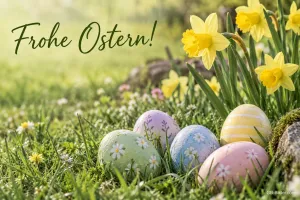 Pastellfarbene Ostereier vor Narzissen, Text: Frohe Ostern!