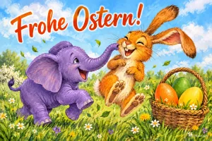Lila Elefant und lachender Hase toben auf einer Wiese neben einem Osterkorb, Text: Frohe Ostern!