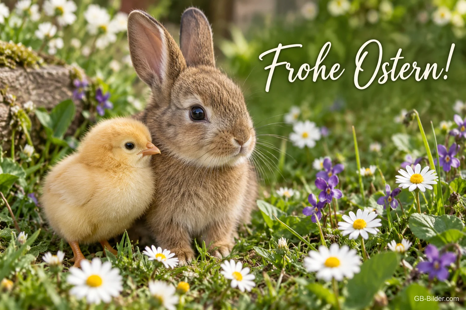Küken und Hase auf einer Blumenwiese, Text: Frohe Ostern! Küken und Hase auf einer Blumenwiese, Text: Frohe Ostern!