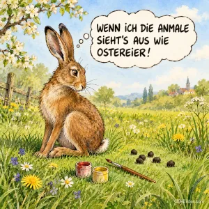 Nachdenklicher Hase mit Farbtöpfen auf der Wiese, lustiger Osterspruch