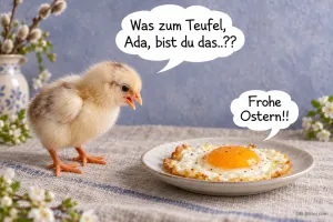 Küken vor einem Spiegelei, lustiger Spruch: Was zum Teufel, Ada, bist du das? Frohe Ostern!