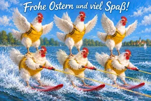 Hühner in gelben Westen fahren in Pyramide Wasserski auf einem See, Text: Frohe Ostern und viel Spaß!