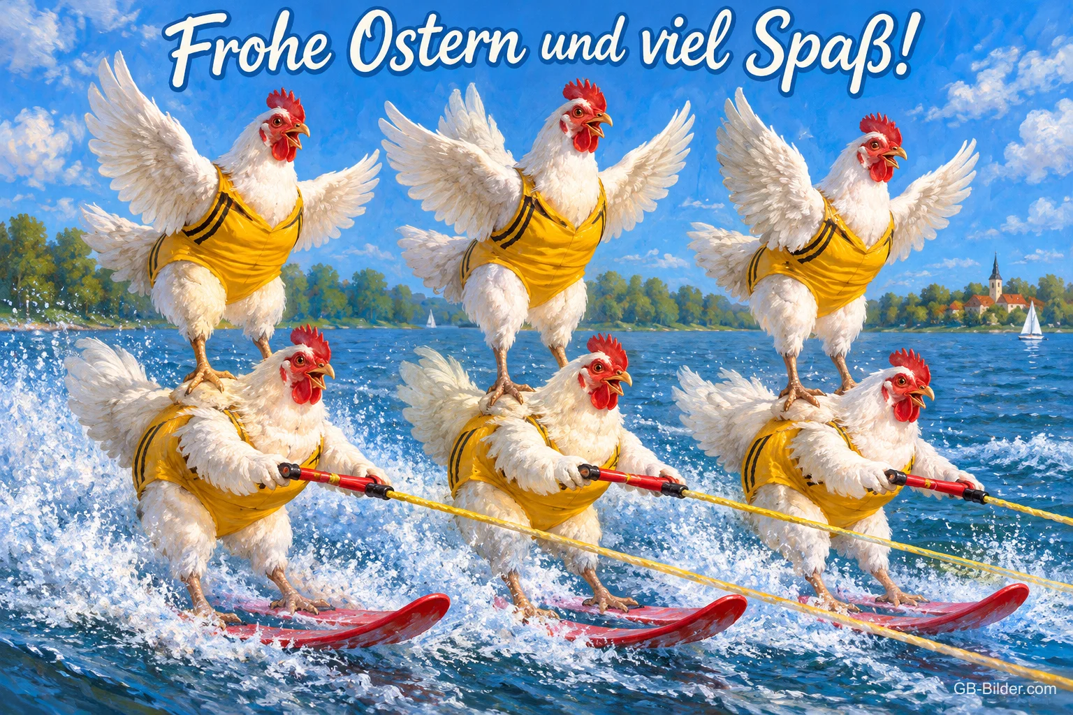 Hühner in gelben Westen fahren in Pyramide Wasserski auf einem See, Text: Frohe Ostern und viel Spaß!