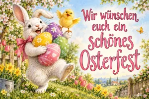 Weißer Hase mit bunten Ostereiern und Küken auf der Schulter in einer Frühlingswiese, Text: Wir wünschen euch ein schönes Osterfest
