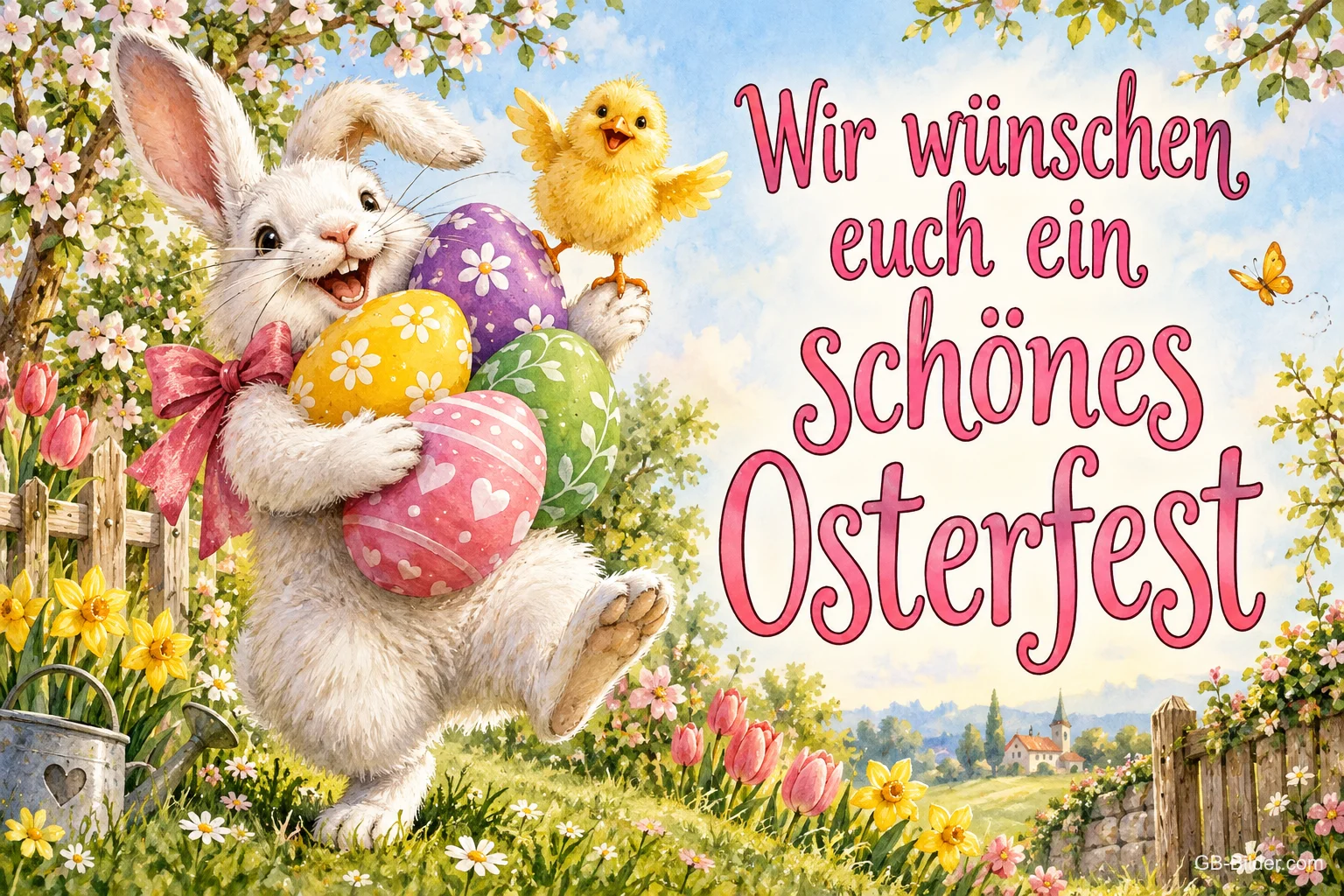 Weißer Hase mit bunten Ostereiern und Küken auf der Schulter in einer Frühlingswiese, Text: Wir wünschen euch ein schönes Osterfest Weißer Hase mit bunten Ostereiern und Küken auf der Schulter in einer Frühlingswiese, Text: Wir wünschen euch ein schönes Osterfest