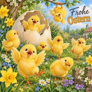 Flauschige Küken schlüpfen aus einem großen Ei und tollen zwischen Osterglocken, Text: Frohe Ostern