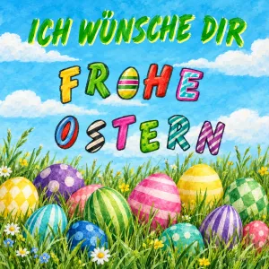Bunte Ostereier im Gras, Text: Ich wünsche dir frohe Ostern