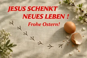 Kükenspuren neben aufgebrochenem Ei, Text: Jesus schenkt neues Leben! Frohe Ostern!