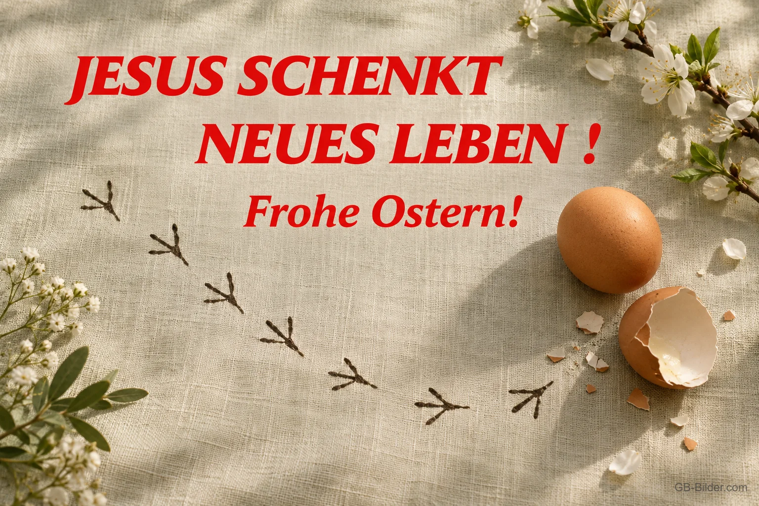 Kükenspuren neben aufgebrochenem Ei, Text: Jesus schenkt neues Leben! Frohe Ostern! Kükenspuren neben aufgebrochenem Ei, Text: Jesus schenkt neues Leben! Frohe Ostern!