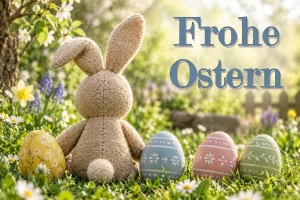 Stoffhase von hinten zwischen Ostereiern, Text: Frohe Ostern