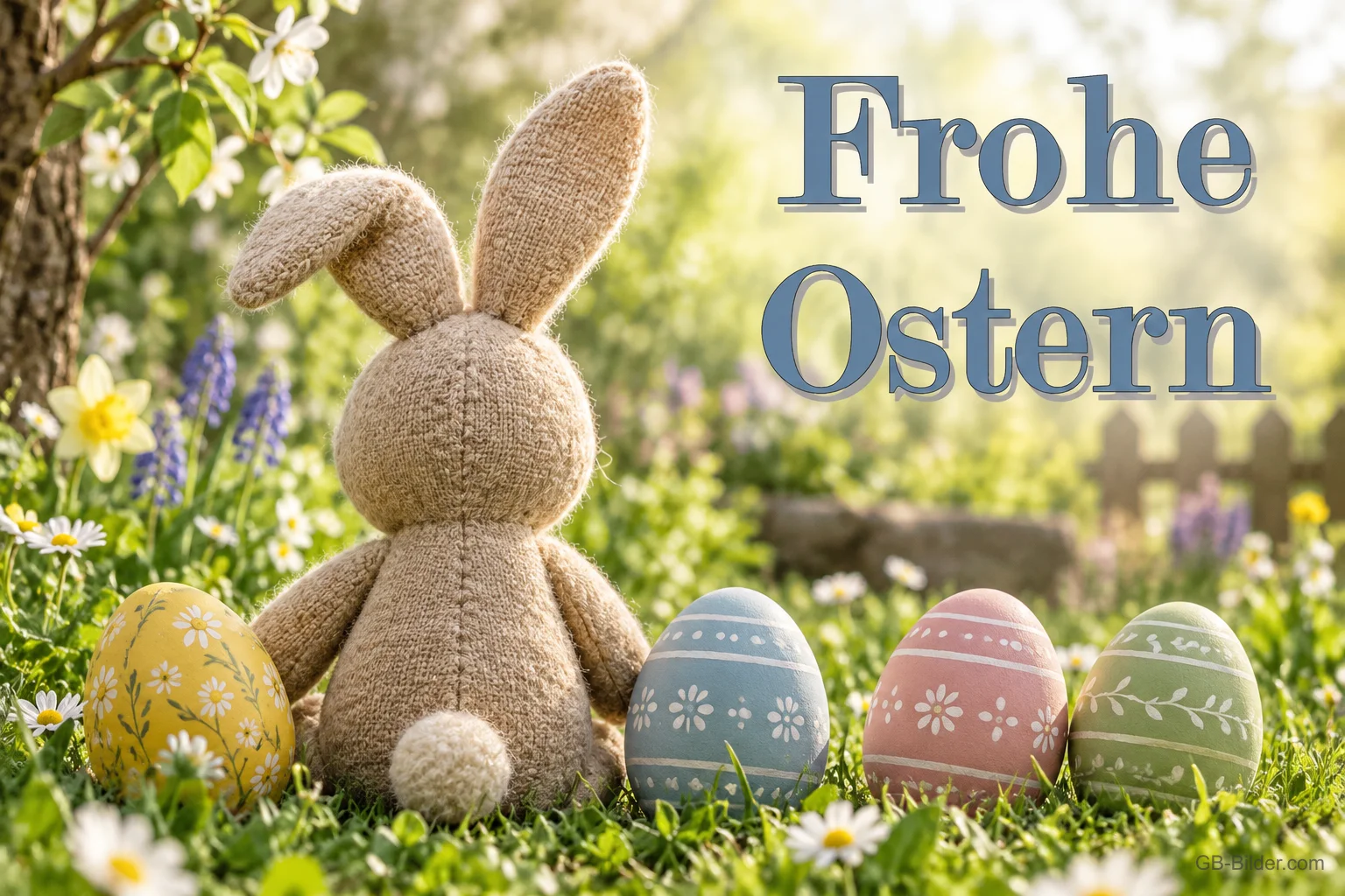 Stoffhase von hinten zwischen Ostereiern, Text: Frohe Ostern Stoffhase von hinten zwischen Ostereiern, Text: Frohe Ostern