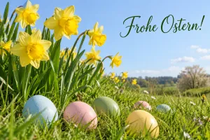 Osterglocken und Ostereier auf einer Wiese, Text: Frohe Ostern!
