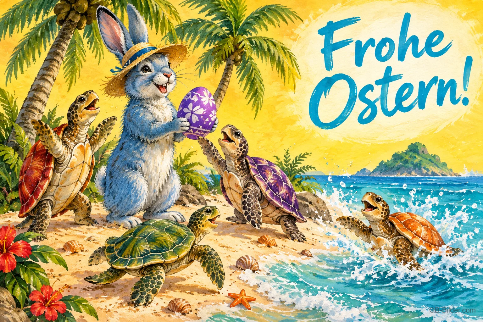 Hase mit Strohhut hält ein Osterei, um ihn herum Schildkröten an einem Palmenstrand, Text: Frohe Ostern! Hase mit Strohhut hält ein Osterei, um ihn herum Schildkröten an einem Palmenstrand, Text: Frohe Ostern!