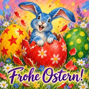 Blauer Hase schlüpft lachend aus einem roten Osterei zwischen bunten Eiern, Text: Frohe Ostern!