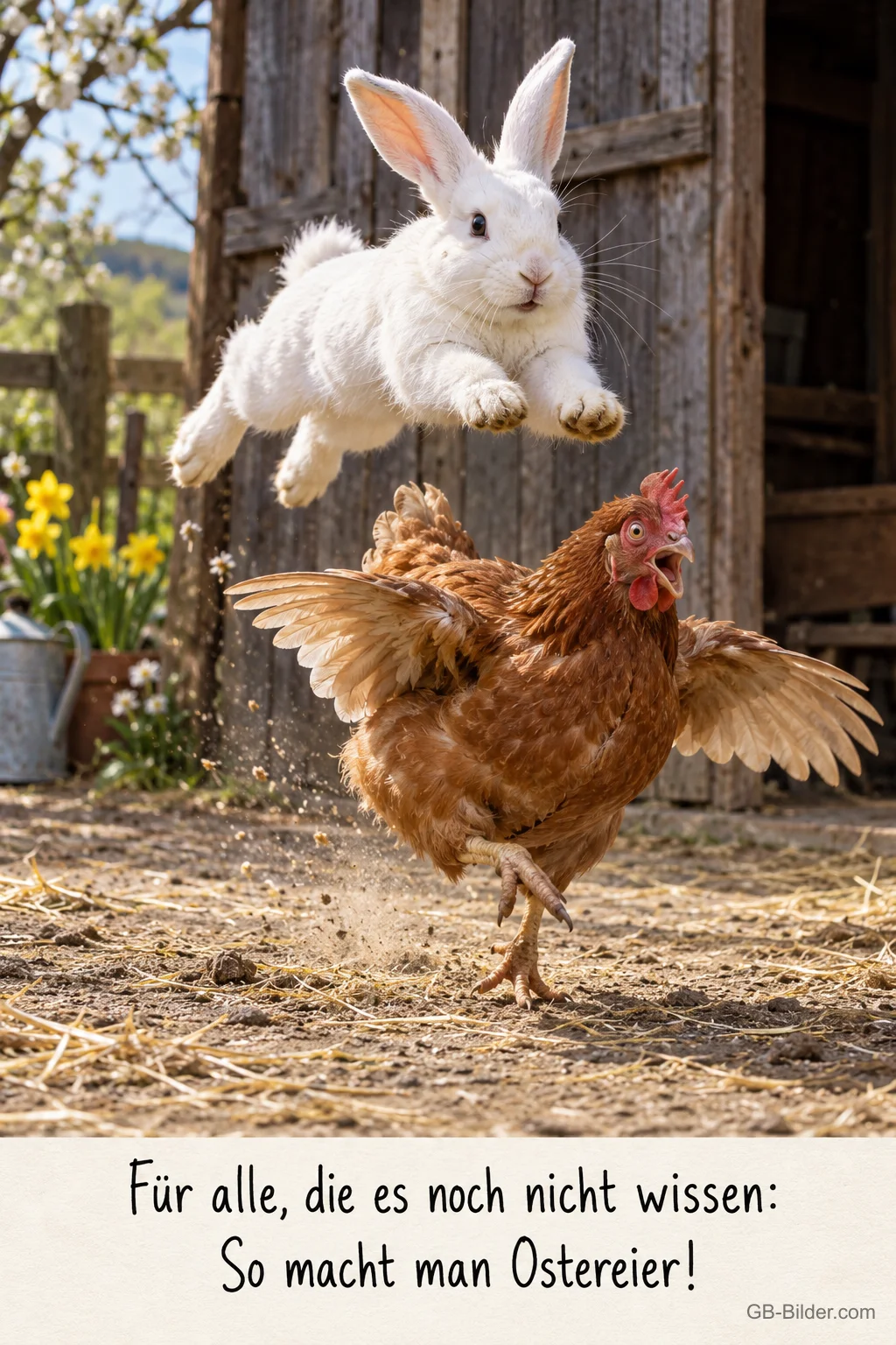 Weißer Hase springt über ein flatterndes Huhn auf dem Bauernhof, Text: Für alle, die es noch nicht wissen: So macht man Ostereier!