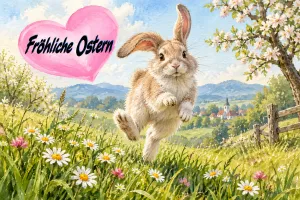 Springender Hase auf einer Blumenwiese, Text: Fröhliche Ostern