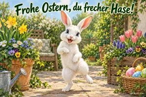 Weißer Hase steht frech grinsend auf einer Gartenterrasse mit Ostereiern und Blumen, Text: Frohe Ostern, du frecher Hase!