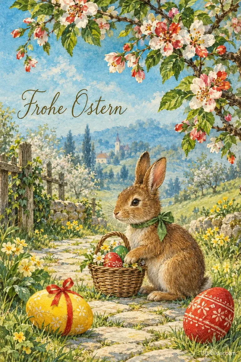 Hase mit Osterkorb unter blühenden Zweigen, Text: Frohe Ostern