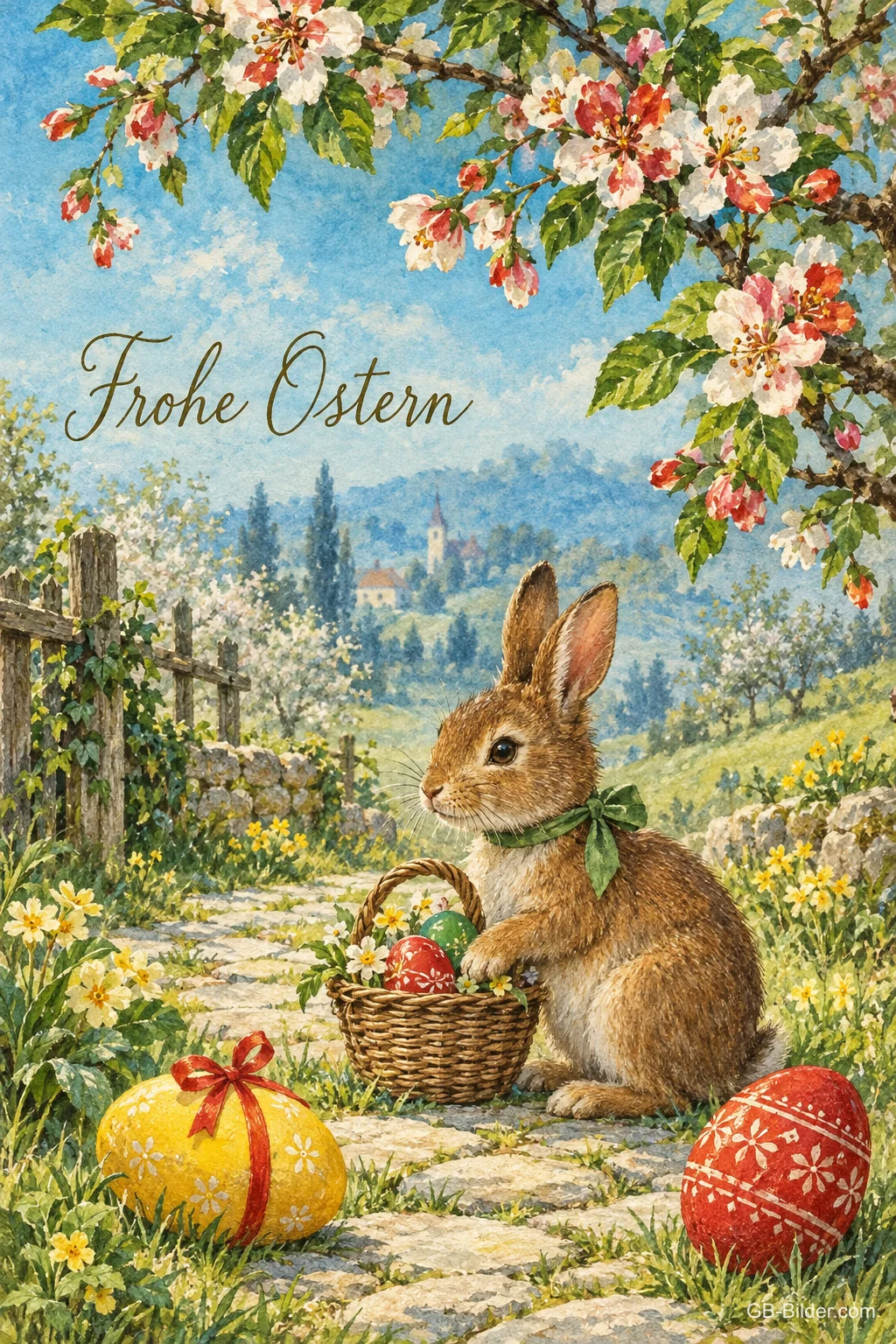 Hase mit Osterkorb unter blühenden Zweigen, Text: Frohe Ostern Hase mit Osterkorb unter blühenden Zweigen, Text: Frohe Ostern