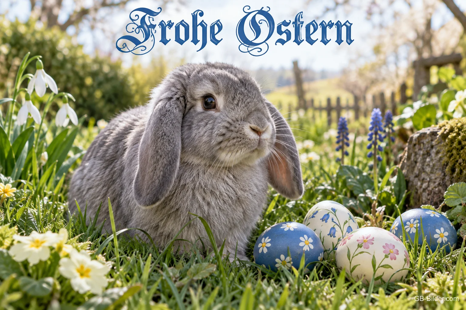 Schlappohr-Kaninchen mit Ostereiern, Text: Frohe Ostern Schlappohr-Kaninchen mit Ostereiern, Text: Frohe Ostern