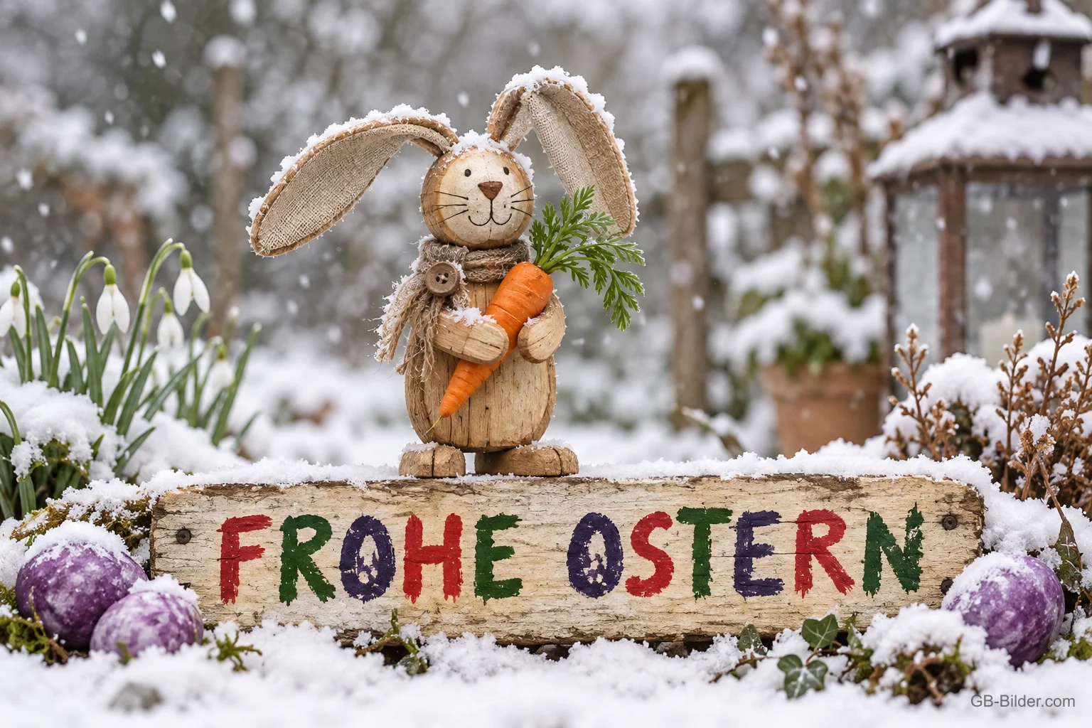Holzhase mit Möhre im Schnee, Text: Frohe Ostern