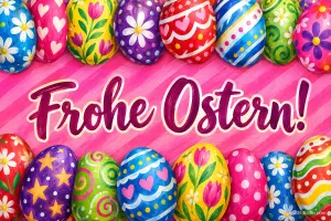 Reihen bunt bemalter Ostereier oben und unten auf rosa Streifen, Text: Frohe Ostern!