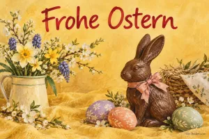 Schokohase mit Schleife und bemalten Eiern, Text: Frohe Ostern