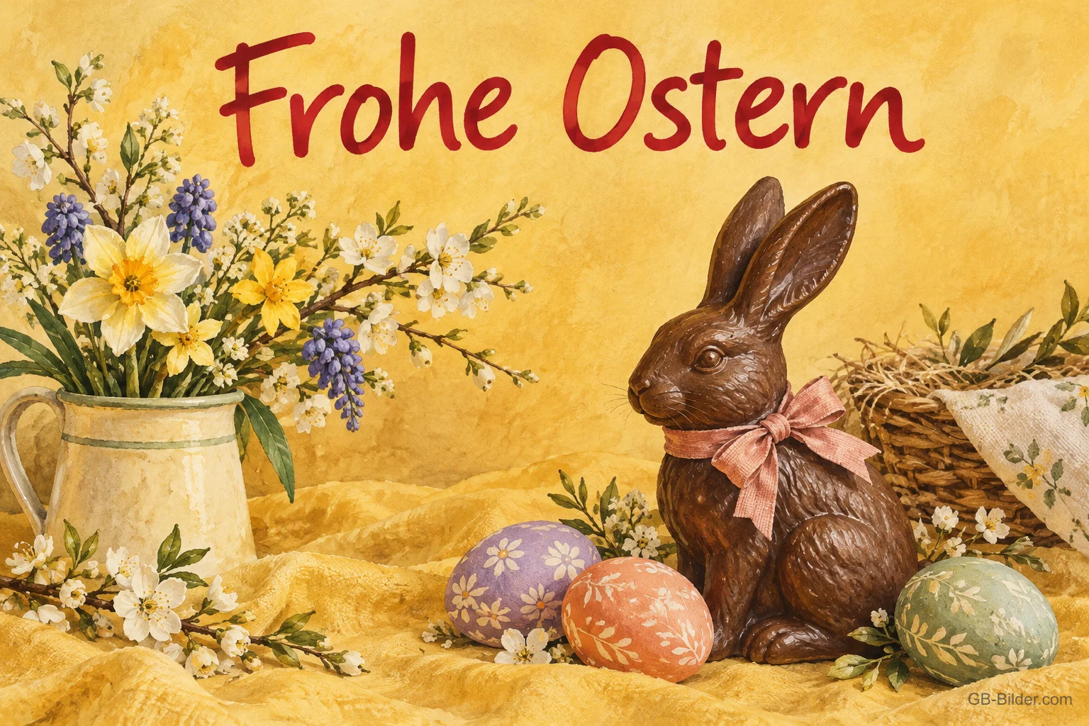 Schokohase mit Schleife und bemalten Eiern, Text: Frohe Ostern Schokohase mit Schleife und bemalten Eiern, Text: Frohe Ostern