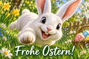 Lachender weißer Hase springt über eine Wiese mit Osterglocken und Ostereiern, Text: Frohe Ostern!