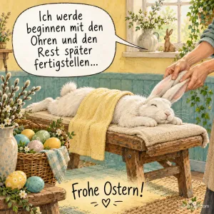 Hase bei der Ohrenmassage, lustiger Osterspruch, Frohe Ostern!